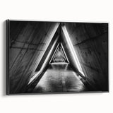 Framed canvas featuring a black and white vintage poster art of architectural tunnels, suitable for bedroom wall decor.