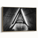 Framed canvas featuring a black and gold vintage poster art of architectural tunnels, ideal for bedroom wall decor.