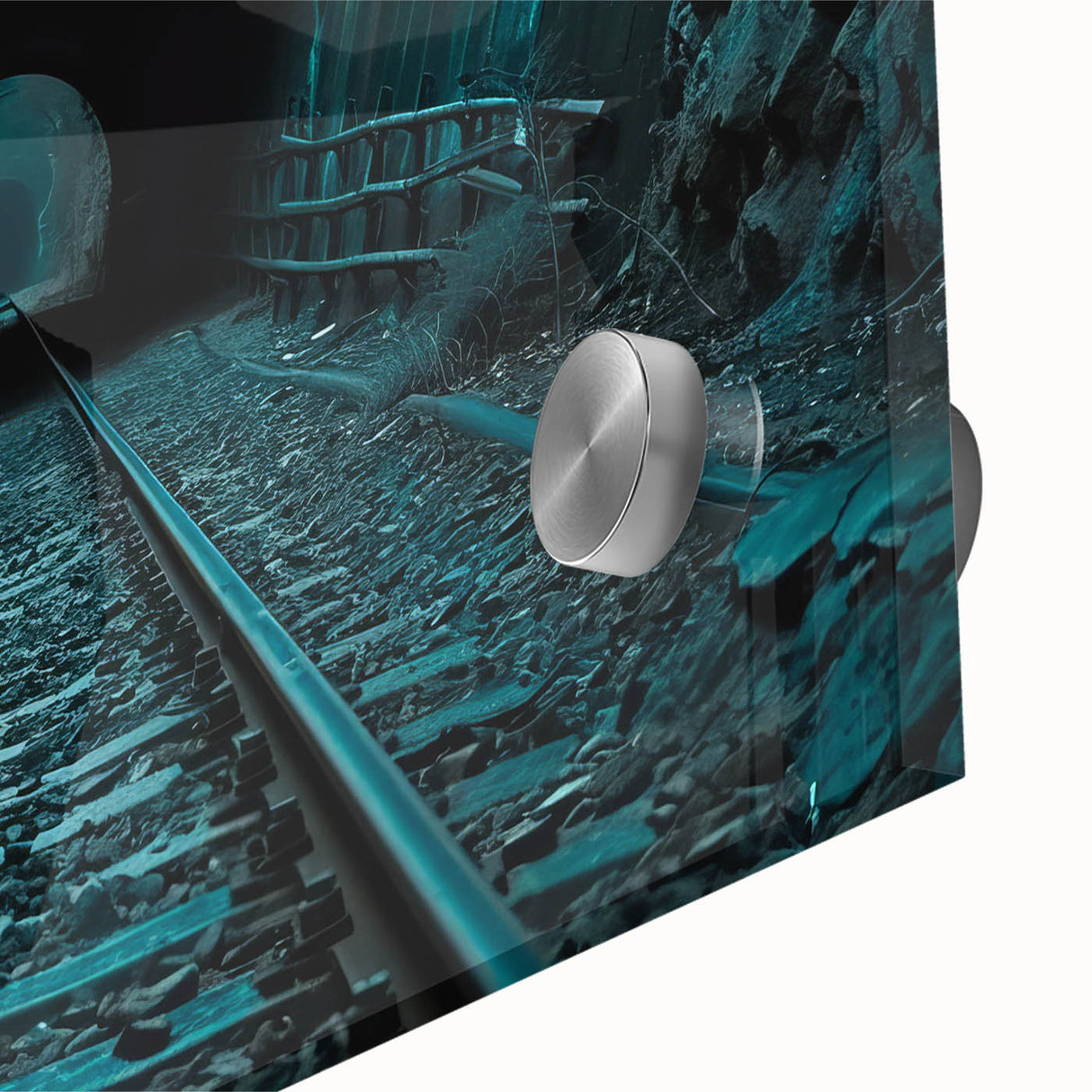 Large abstract wall art on acrylic glass depicting mid-century modernist architecture tunnels in muted gray and blue tones.