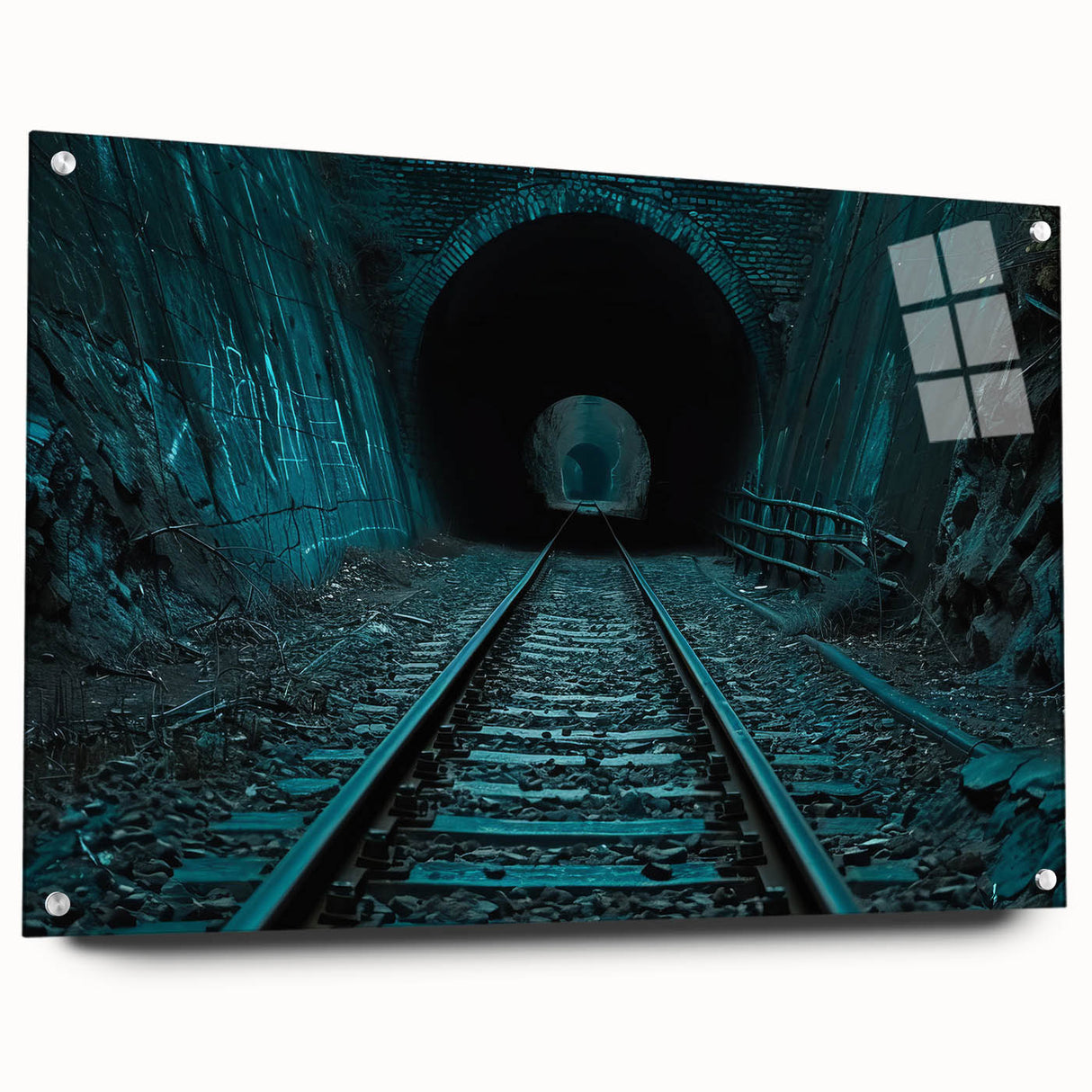 Acrylic glass print of a large abstract tunnel design in grayscale, suitable for bedroom or dining room decor.