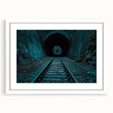 Abstract art print of geometric tunnels in black and white, framed with a white mat.