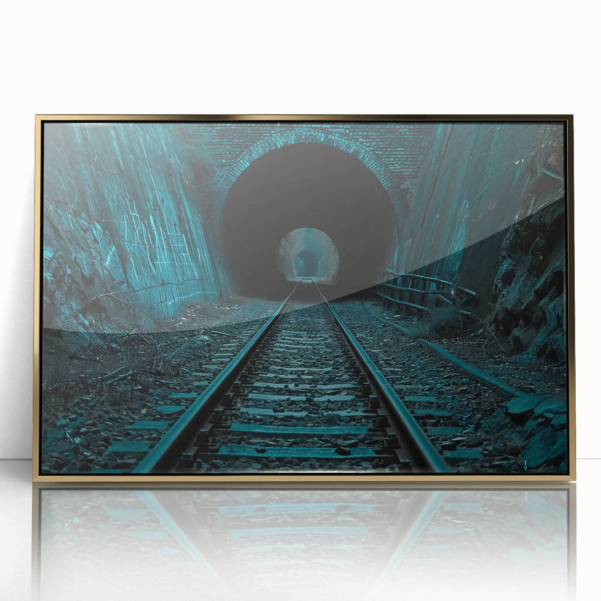 Mid-century modernist acrylic print of architectural tunnels in gold frame, suited for modern art wall decor.