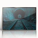 Mid-century modernist art depicting a geometric tunnel design in silver and gray tones on an acrylic framed poster.