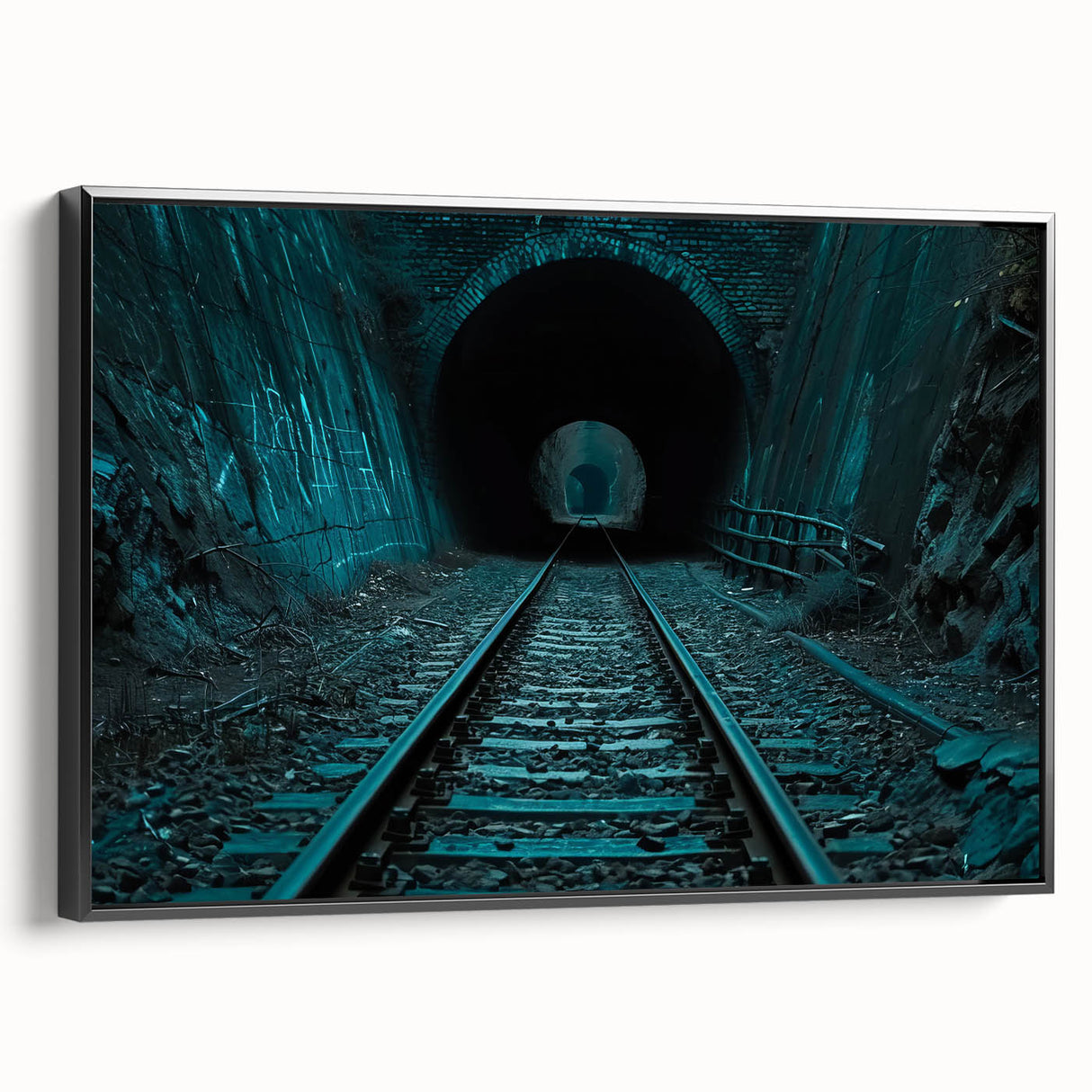 Framed canvas vintage poster art featuring colorful, abstract tunnel designs on a black background.