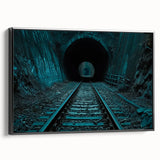 Framed canvas vintage poster art featuring colorful, abstract tunnel designs on a black background.