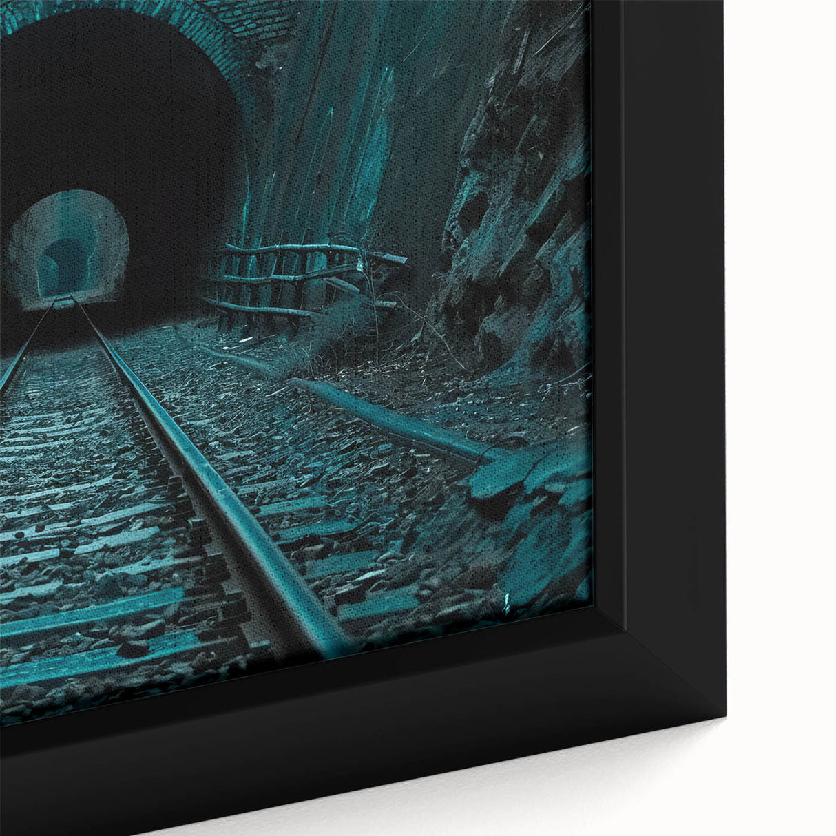 Extra large framed canvas featuring a black textured tunnel design with colorful accents, ideal for living room decor.