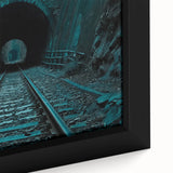 Extra large framed canvas featuring a black textured tunnel design with colorful accents, ideal for living room decor.