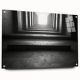 Large abstract wall art on acrylic glass depicting geometric tunnel designs in monochrome tones.