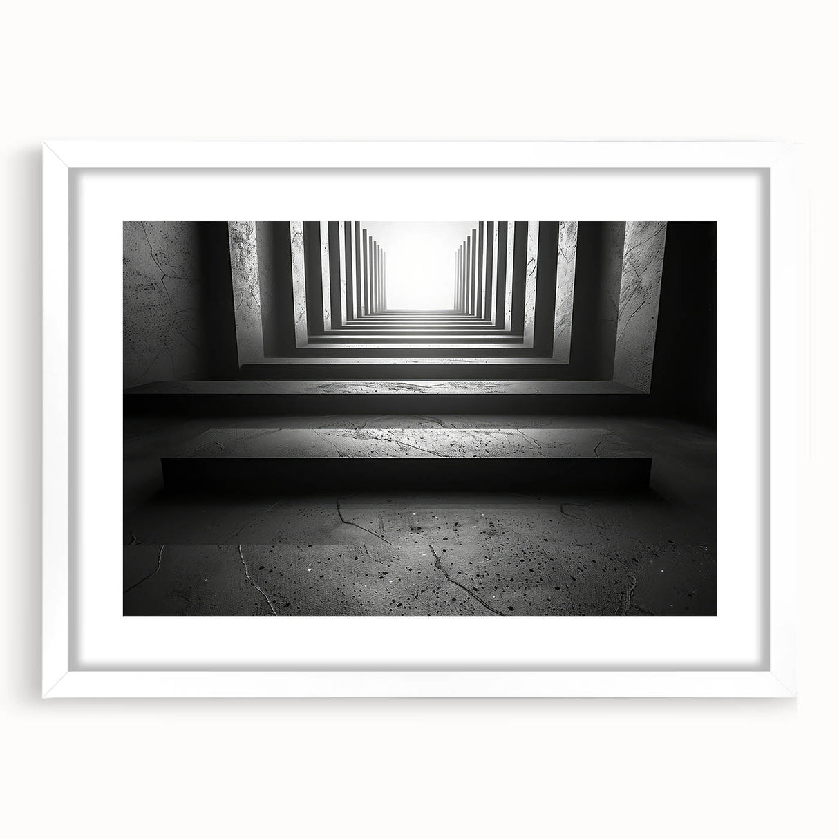 Abstract art print featuring swirling black and white tunnel design on a framed poster.