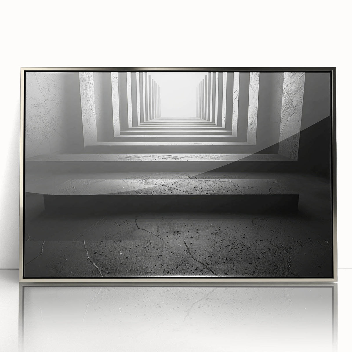 Mid-century modernist art depicting geometric tunnels in muted gray, framed acrylic, ideal for modern art wall decor.