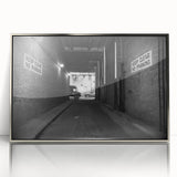 Mid-century modernist art featuring abstract architecture in silver acrylic frame, suited for modern art wall decor.