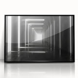 Large abstract wall art depicting architectural tunnels in black and white, framed acrylic print.