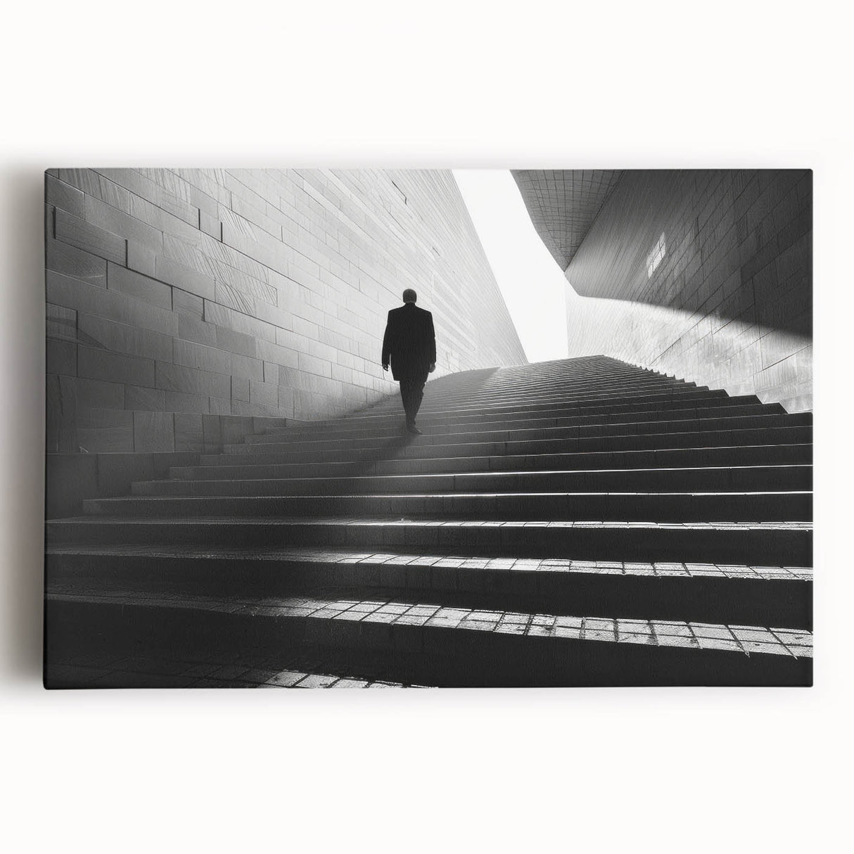 Black and white photograph on stretched canvas depicting a modern architectural tunnel, ideal for kitchen wall art.