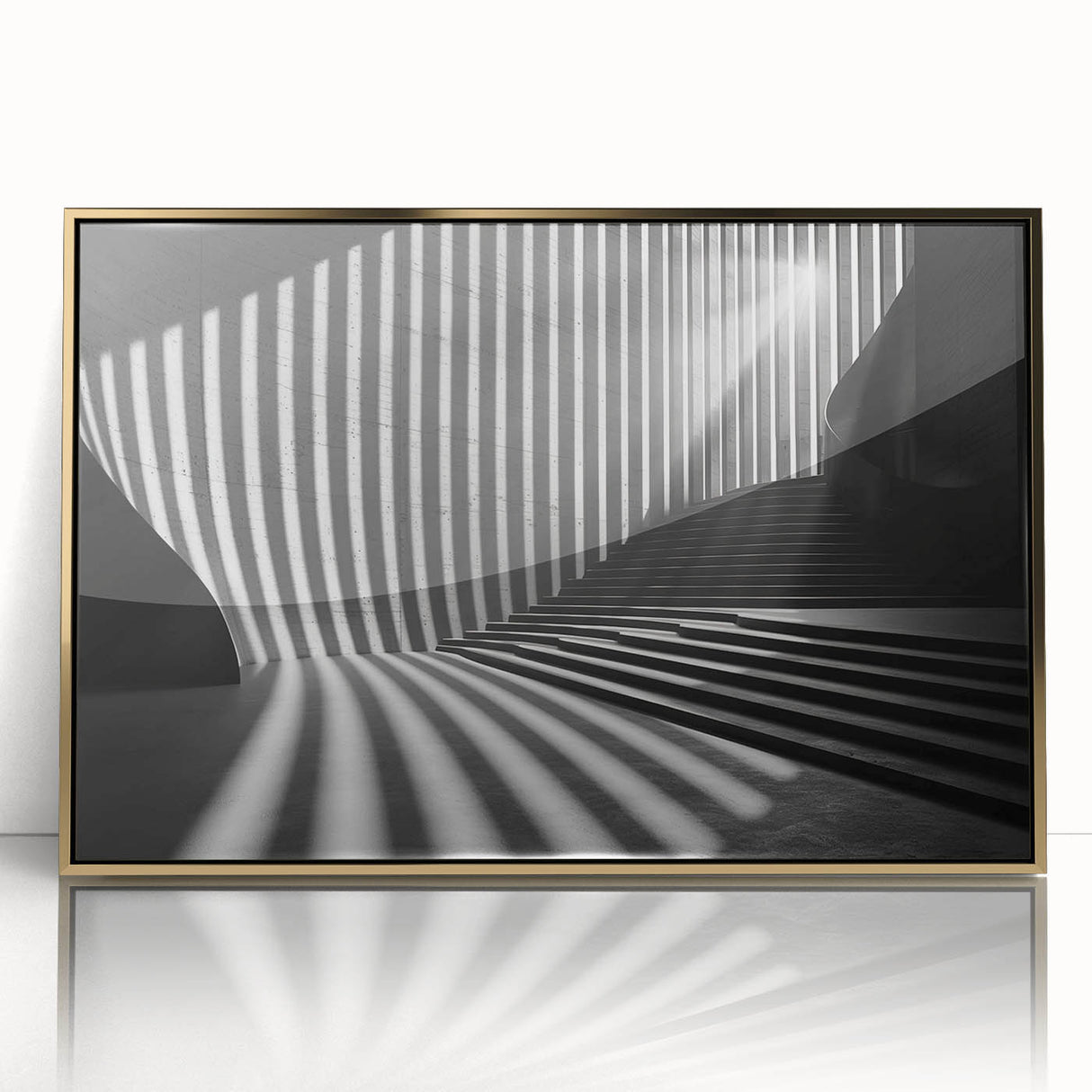 Mid-century modernist style large art print of architectural tunnels in gold framed acrylic.