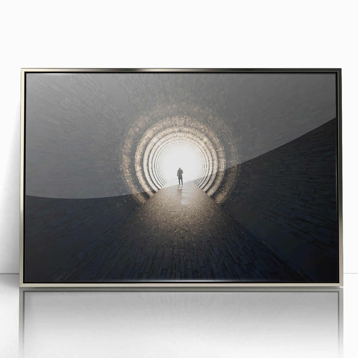Mid-century modernist tunnel architecture in silver and gray hues, acrylic print, ideal for modern art wall decor.