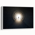 Vintage poster art of architectural tunnels in a black and colorful palette, framed canvas, ideal for living room decor.