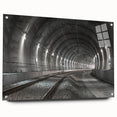 Large abstract wall art on acrylic glass depicting geometric tunnels in gray and silver tones.
