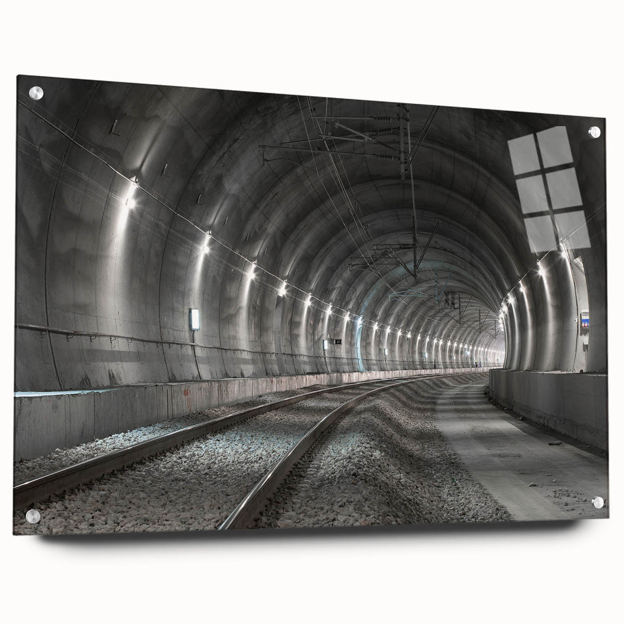 Large abstract wall art on acrylic glass depicting geometric tunnels in gray and silver tones.
