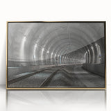 Mid-century modernist acrylic print of architectural tunnels in gold tones, ideal for modern art wall decor.