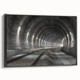 Black and white framed canvas of a tunnel landscape, in vintage poster style, ideal for bedroom wall art.