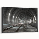 Black and white framed canvas of a tunnel landscape, in vintage poster style, ideal for bedroom wall art.