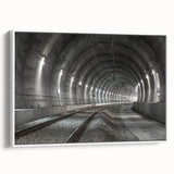Framed canvas vintage poster art of colorful abstract tunnels, ideal for modern living room decor.