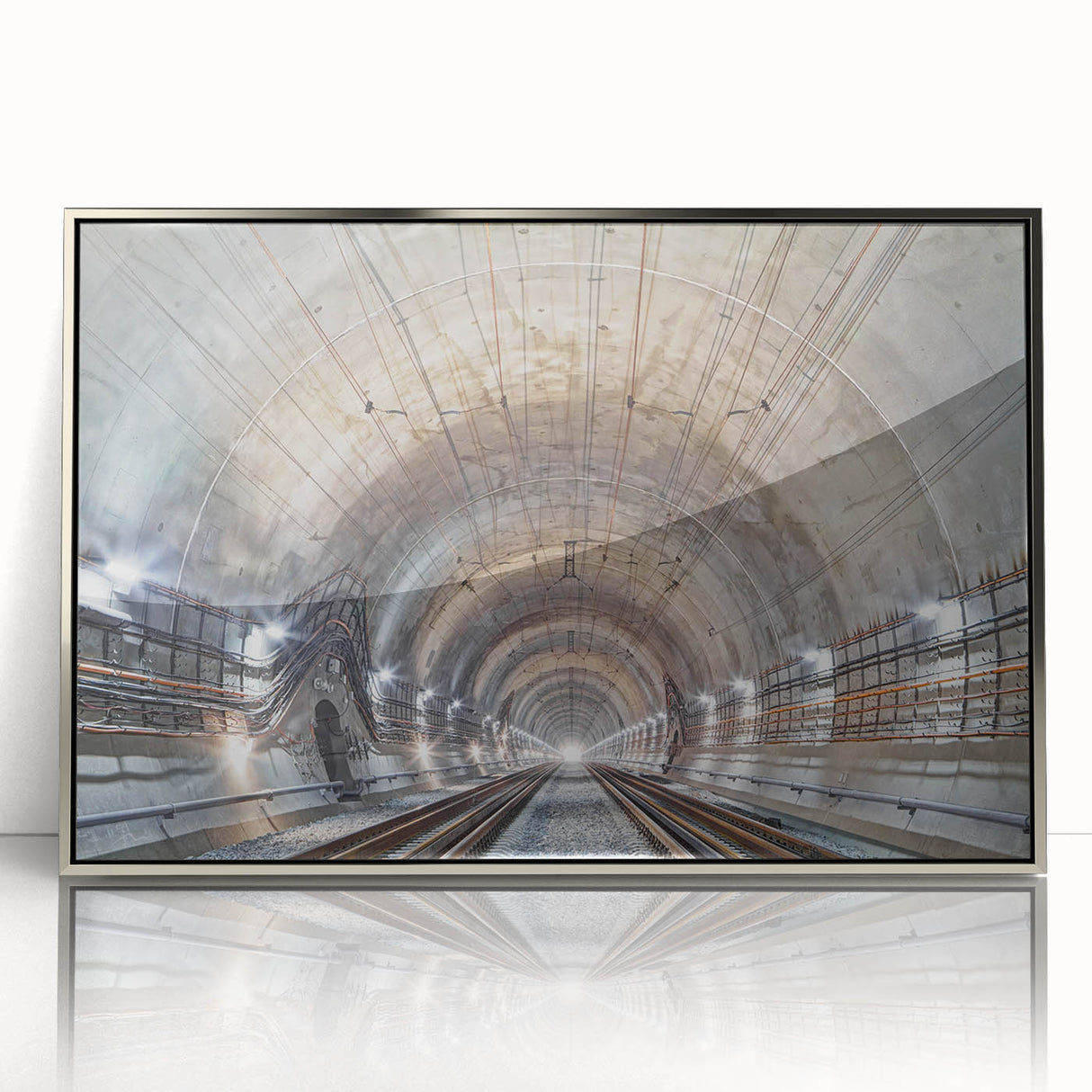 Mid-century modernist tunnel design in silver acrylic frame, ideal for modern art wall decor.