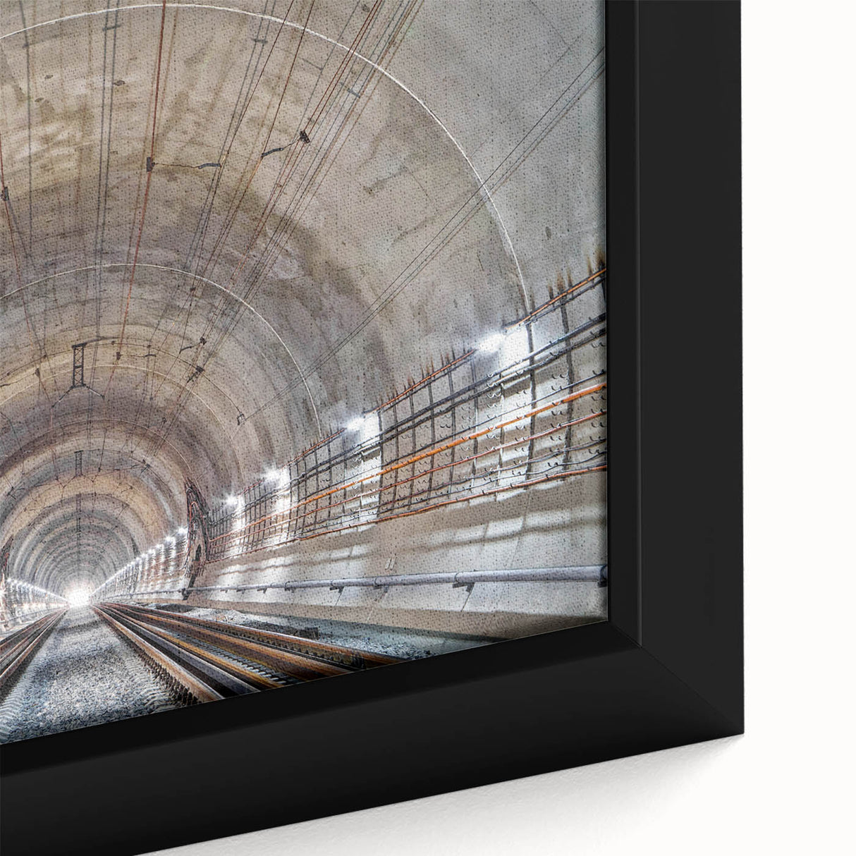 Framed canvas featuring a close-up of a black textured tunnel design with colorful accents.