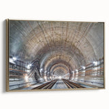 Framed canvas featuring a vintage poster of a black and gold tunnel design, ideal for bedroom wall art.
