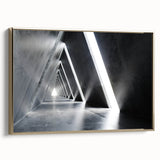 Framed canvas featuring a vintage poster art of black architectural tunnels in a landscape style, suitable for bedroom decor.