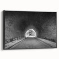 Black and white framed canvas featuring a vintage poster art style landscape of architectural tunnels.
