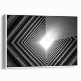 Vintage poster art of colorful architectural tunnels on a large framed canvas, ideal for living room decor.