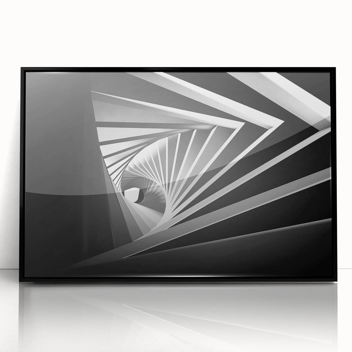 Large abstract wall art featuring overlapping geometric tunnels in black and gray tones on framed acrylic.