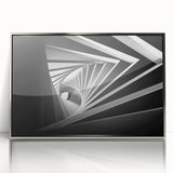 Mid-century modernist art featuring geometric tunnels in muted gray and silver on a framed acrylic.