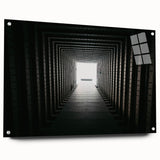 Large abstract wall art on acrylic glass featuring intricate tunnel designs in monochrome.