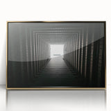 Mid-century modernist tunnel design in gold and black hues, framed acrylic, suitable for modern art wall decor.