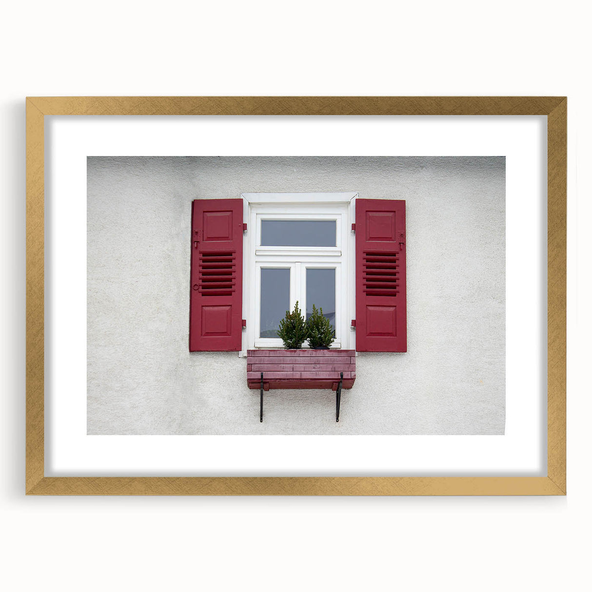 Textured art print featuring abstract window design in muted gold and white tones, framed with a gold mat.