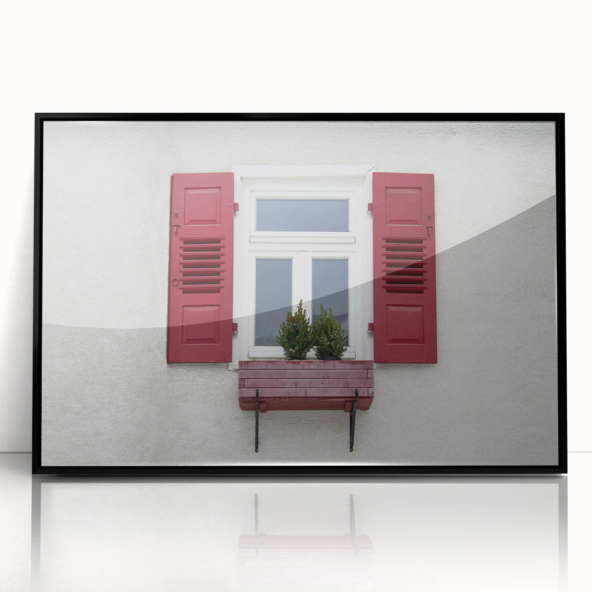 Large abstract wall art depicting a mid-century modernist architecture window design in black and white, framed in acrylic.