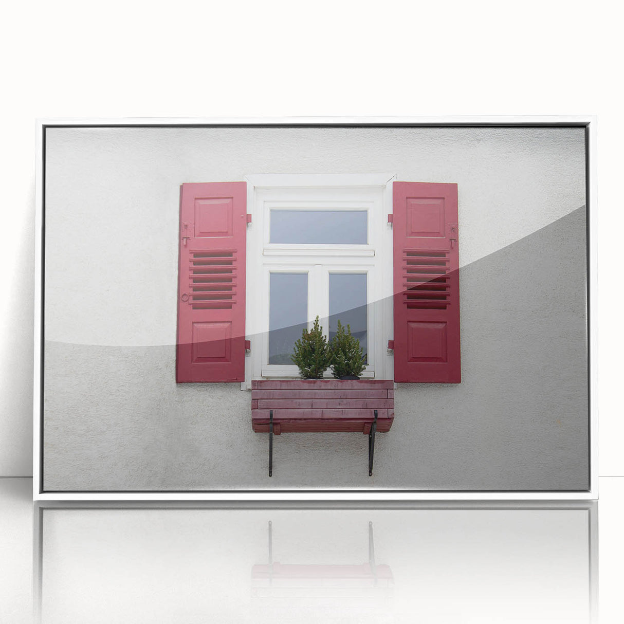 Mid-century modernist large art print of an architectural window design in muted gray tones, framed in white acrylic.