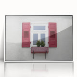 Mid-century modernist large art print of an architectural window design in muted gray tones, framed in white acrylic.