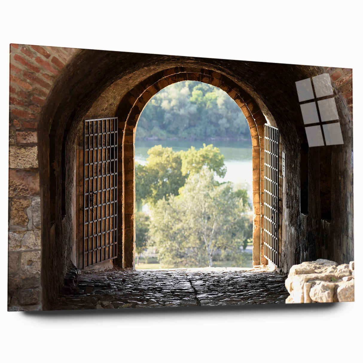 Large abstract wall art in acrylic print featuring neutral tones and geometric patterns.