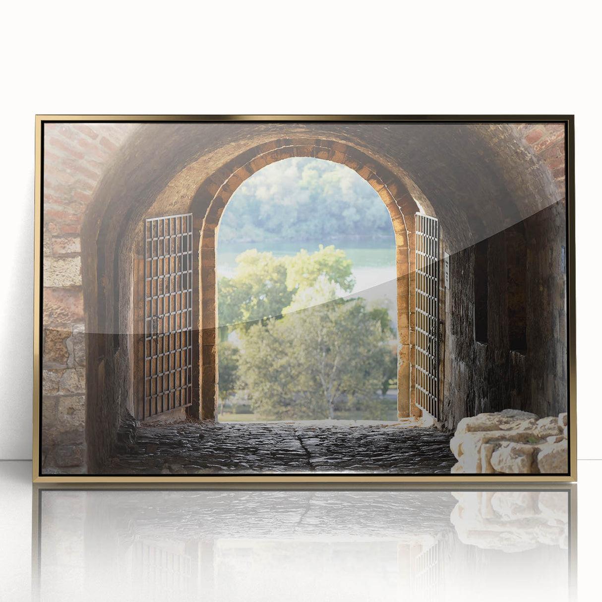 Mid-century modernist art depicting an architectural window design in gold and white tones, framed acrylic print.