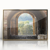 Mid-century modernist art depicting an architectural window design in gold and white tones, framed acrylic print.