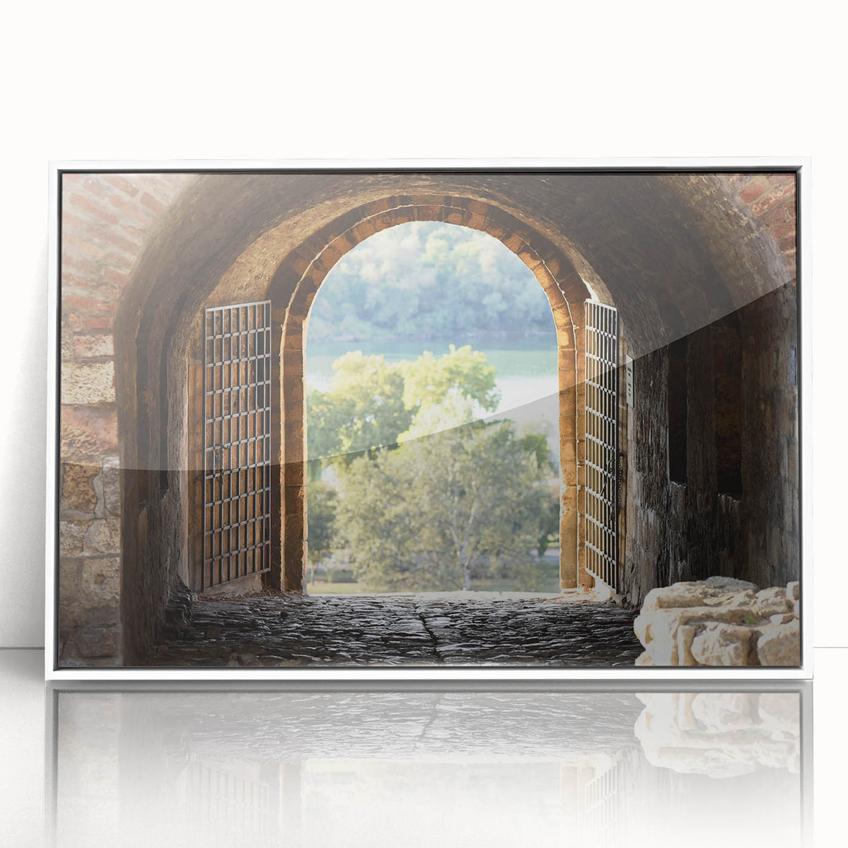 Mid-century modernist style large art print of an architectural window design in a white acrylic frame.