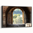 Black and white vintage poster art of architectural windows on framed canvas, suitable for bedroom wall decor.