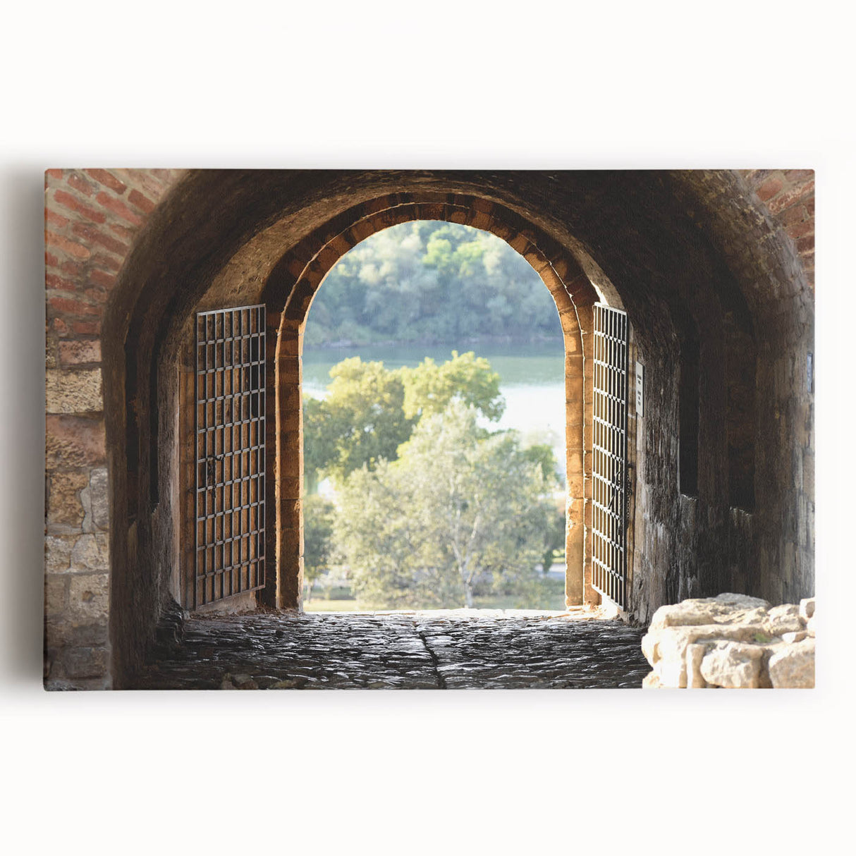 Large black and white photo of an intricate window design on stretched canvas, suitable for kitchen wall art.