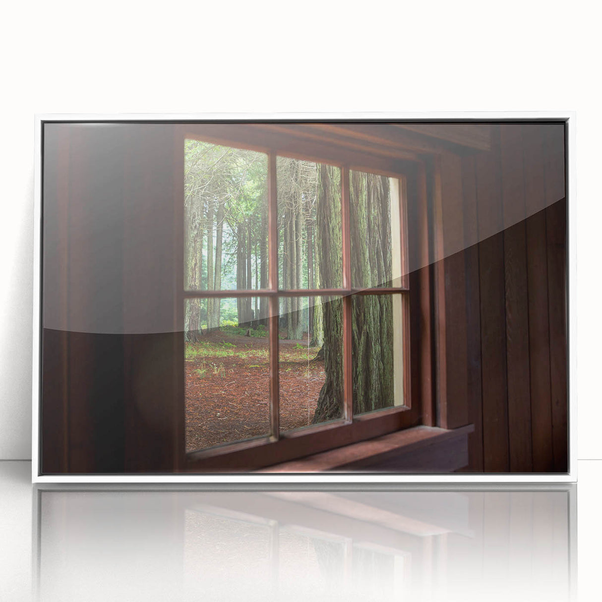 Large art print of an architectural window design in muted gray tones on framed acrylic, ideal for modern art wall decor.