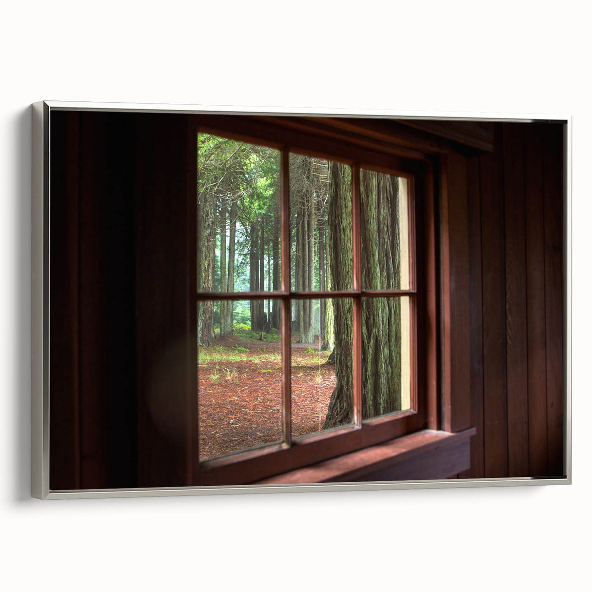 Vintage poster art of an architectural window design in black and colorful tones on a framed canvas.