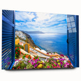 Large abstract wall art on acrylic glass depicting geometric window patterns in monochrome shades.