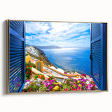 Framed canvas featuring a vintage poster of a colorful architectural landscape, with gold accents, ideal for office decor.